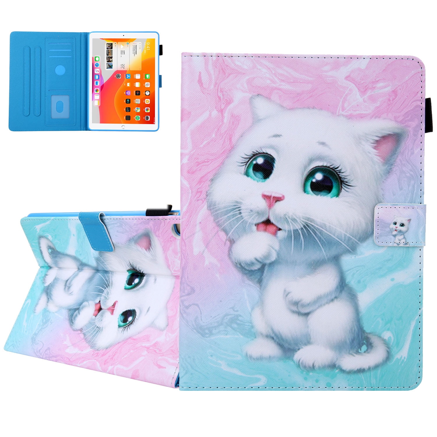 Allytech iPad 10.2 7th Generation Cases Covers, PU Leather Folio Flip Kickstand Auto Sleep Wake Protection Scratch Resistant Cards Slots Pencil Holder Case Cover for Apple iPad 10.2", White Cat