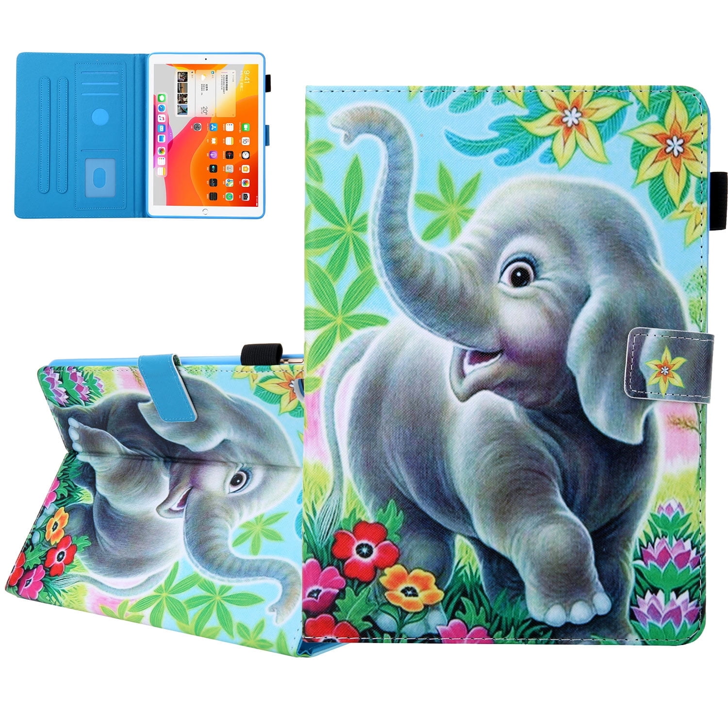 Allytech iPad 10.2 7th Generation Cases Covers, PU Leather Folio Flip Kickstand Auto Sleep Wake Protection Scratch Resistant Cards Slots Pencil Holder Case Cover for Apple iPad 10.2", Elephant