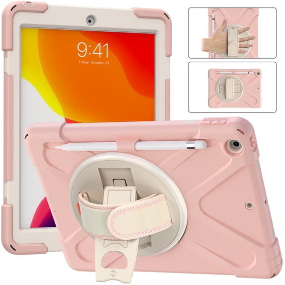 Allytech iPad 10.2" 8th 7th Generation Case with Screen Protector, Heavy Duty Protection Rugged Kids Friendly Shockproof Kickstand Pencil Holder Case Cover for Apple iPad 10.2 2020/2019,Pink