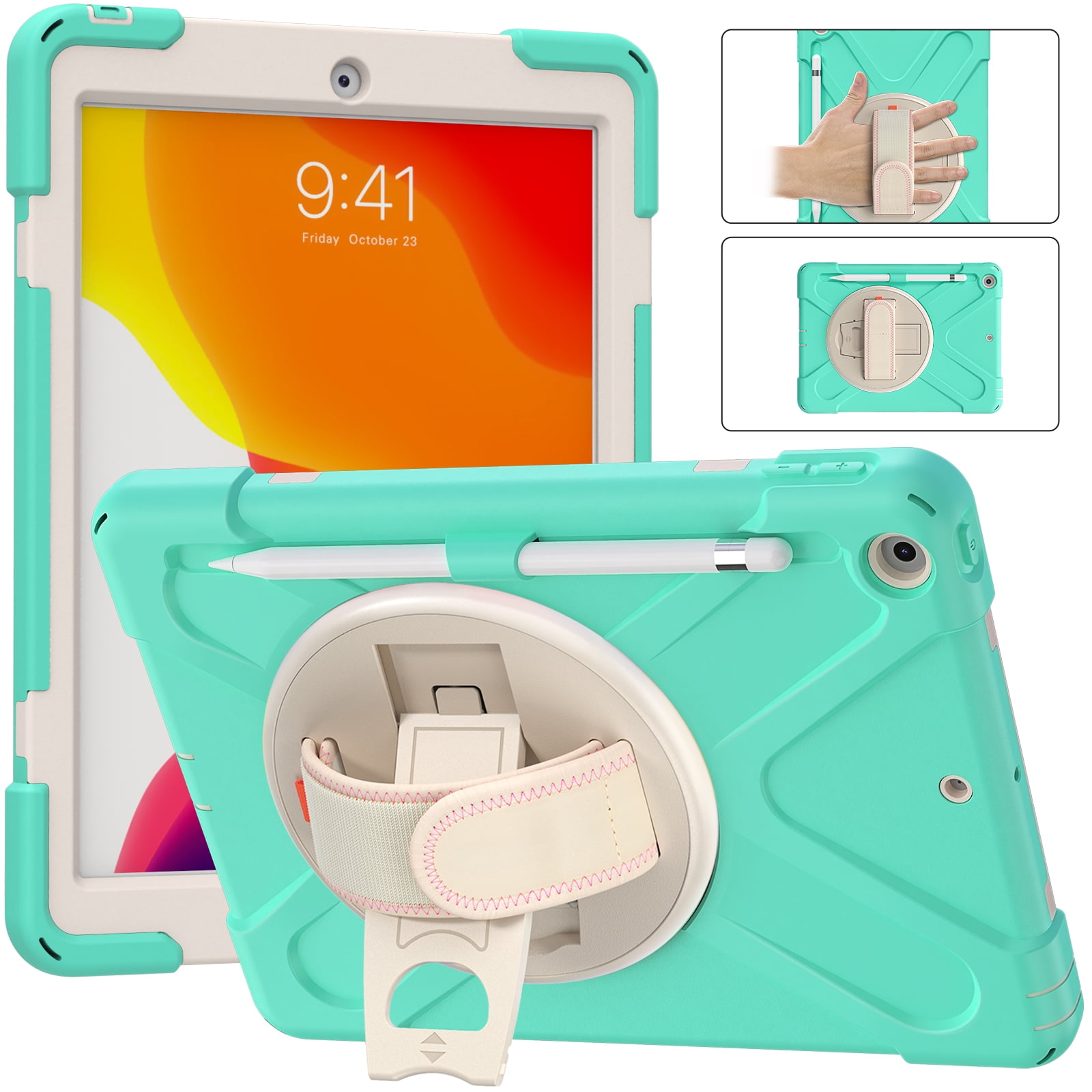 Allytech iPad 10.2" 8th 7th Generation Case with Screen Protector, Heavy Duty Protection Rugged Kids Friendly Shockproof Kickstand Pencil Holder Case Cover for Apple iPad 10.2 2020/2019,Mint