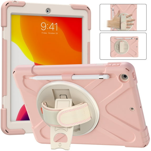 Allytech iPad 10.2" 8th 7th Generation Case with Screen Protector, Heavy Duty Protection Rugged Kids Friendly Shockproof Kickstand Pencil Holder Case Cover for Apple iPad 10.2 2020/2019,Pink