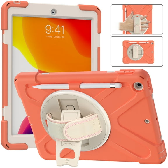 Allytech iPad 10.2" 8th 7th Generation Case with Screen Protector, Heavy Duty Protection Rugged Kids Friendly Shockproof Kickstand Pencil Holder Case Cover for Apple iPad 10.2 2020/2019,Orange