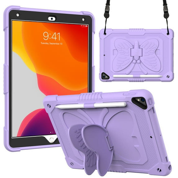 Allytech for iPad 10.2 inch Case 8th/7th Gen 2020/2019, Hard Back Shell Heavy Duty Shockproof Butterlfy Wings Kickstand Kidsproof Case with Pencil Holder for iPad 8/iPad 7 10.2", Purple