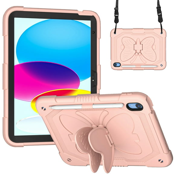 Allytech for iPad 10th Gen 10.9 Inch Case 2022 with Butterfly Wings Kickstand & Pencil Holder, Kidsproof Removable Shoulder Strap 2 in 1 Heavy Duty Rugged Cover for iPad 10.9" 2022, Pink