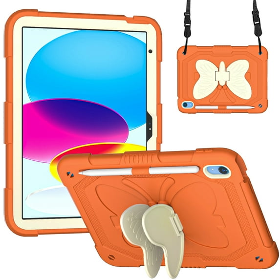 Allytech for iPad 10th Gen 10.9 Inch Case 2022 with Butterfly Wings Kickstand & Pencil Holder, Kidsproof Removable Shoulder Strap 2 in 1 Heavy Duty Rugged Cover for iPad 10.9" 2022, Orange+Beige