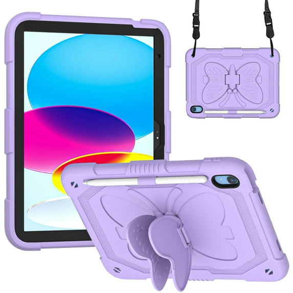 Allytech for iPad 10th Gen 10.9 Inch Case 2022 with Butterfly Wings Kickstand & Pencil Holder, Kidsproof Removable Shoulder Strap 2 in 1 Heavy Duty Rugged Cover for iPad 10.9" 2022, Purple