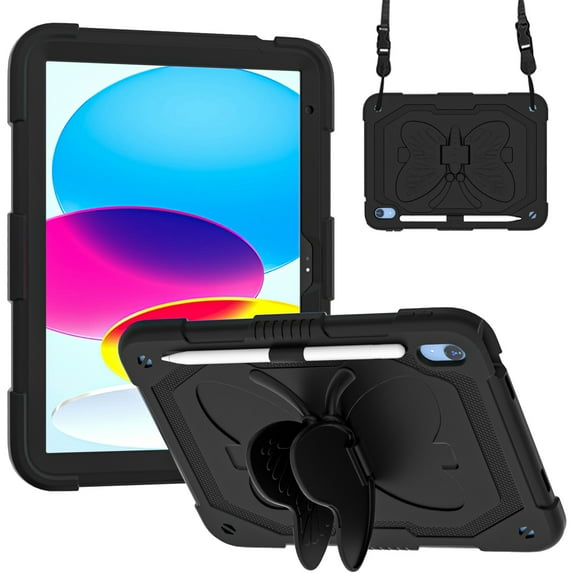 Allytech for iPad 10th Gen 10.9 Inch Case 2022 with Butterfly Wings Kickstand & Pencil Holder, Kidsproof Removable Shoulder Strap 2 in 1 Heavy Duty Rugged Cover for iPad 10.9" 2022, Black