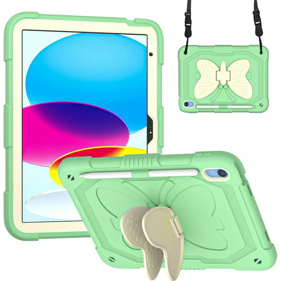Allytech for iPad 10th Gen 10.9 Inch Case 2022 with Butterfly Wings Kickstand & Pencil Holder, Kidsproof Removable Shoulder Strap 2 in 1 Heavy Duty Rugged Cover for iPad 10.9" 2022, Green+Beige