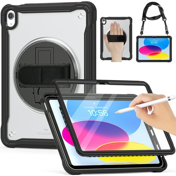Allytech iPad 10th Gen Case with Screen Protector Film, iPad 10.9" 2022 Cover, Heavy Duty Protective Shockproof Rugged Kickstand Shoulder Hand Strap Drop Proof Case Cover for Apple iPad 10-Black