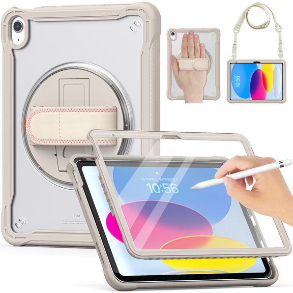 Allytech iPad 10th Gen Case with Screen Protector Film, iPad 10.9" 2022 Cover, Heavy Duty Protective Shockproof Rugged Kickstand Shoulder Hand Strap Drop Proof Case Cover for Apple iPad 10-White