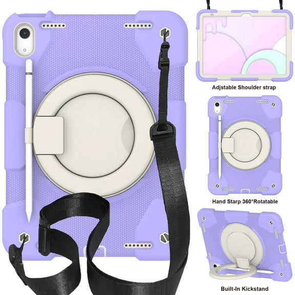 Allytech iPad 10th Generation Case 10.9" 2022, Rugged Protective Shockproof with Shoulder Strap Rotating Stand Three Layes Case Cover for Apple iPad 10th Gen 10.9" - Light Purple
