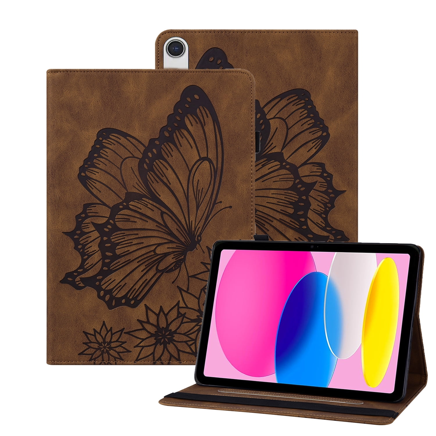 Allytech iPad A16 11th Gen 11 Inch 2025 Case, iPad 10th Gen Case 10.9" 2022, Big Butterfly Stand Protective Shockproof Pencil Holder Hand Strap Back Cover for Apple iPad 11th 10th Gen, Brown