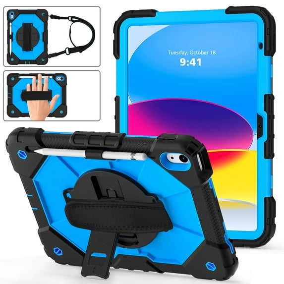 Allytech for iPad 10th Generation Case 2022 iPad 10.9 Case with Pencil Holder, Adjustable Shoulder/ Hand Strap 360° Rotating Stand Rugged Protective Case for A2757/A2777/A2696, Black + Blue
