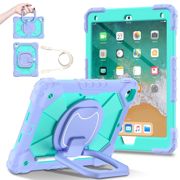 Allytech iPad 6th 5th Generation Case 9.7", 360 Rotating Kickstand Shockproof Kids Friendly Shoulder Strap Protective Bumper Tablet Case for Apple iPad 6th 5th Gen 2018/2017, Lightpurple