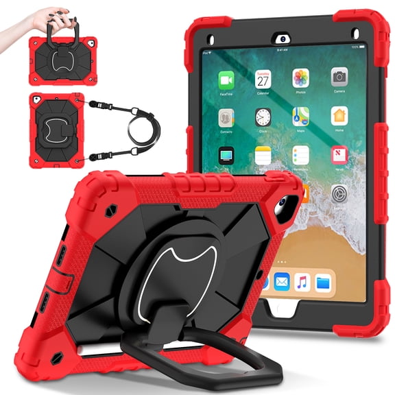 Allytech iPad 6th 5th Generation Case 9.7", 360 Rotating Kickstand Shockproof Kids Friendly Shoulder Strap Protective Bumper Tablet Case for Apple iPad 6th 5th Gen 2018/2017, Red