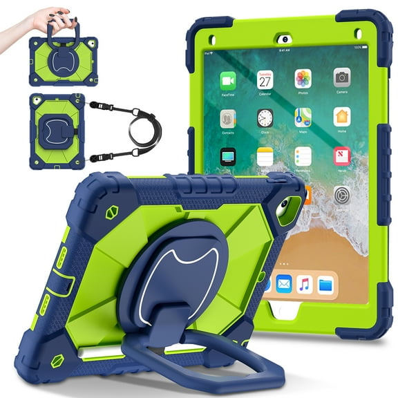 Allytech iPad 6th 5th Generation Case 9.7", 360 Rotating Kickstand Shockproof Kids Friendly Shoulder Strap Protective Bumper Tablet Case for Apple iPad 6th 5th Gen 2018/2017, Navy Blue