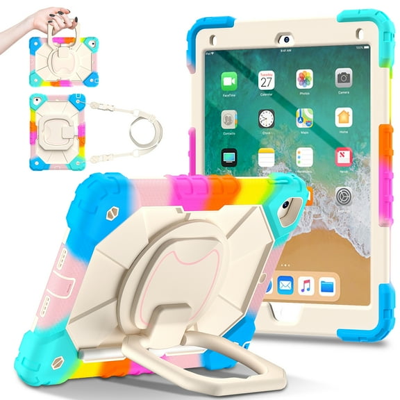 Allytech iPad 6th 5th Generation Case 9.7", 360 Rotating Kickstand Shockproof Kids Friendly Shoulder Strap Protective Bumper Tablet Case for Apple iPad 6th 5th Gen 2018/2017, Colorful Blue