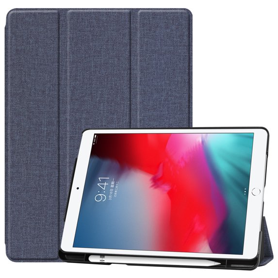 Allytech iPad 7th Generation Case with Pencil Holder, iPad 10.2 2019 Case, Premium PU Leather Trifold Stand Smart Cover Support Auto Sleep Wake Hard PC Back Shell for Apple iPad 7th Gen,Darkblue