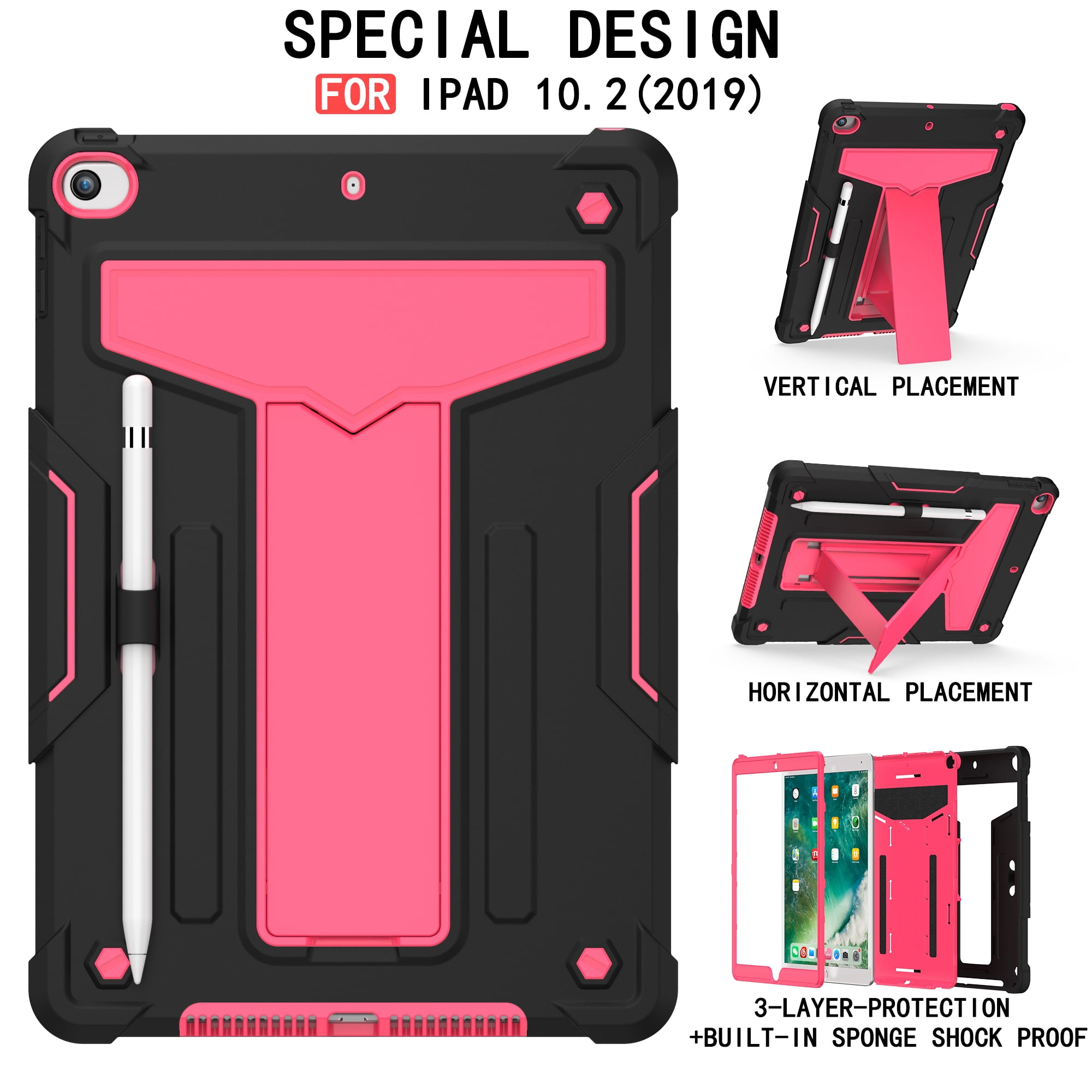 Allytech iPad 7th Generation Cases, iPad 10.2" 2019 Case Heavy Duty Hybrid PC + Silicone Drop Protection Rugged Case with Pencil Holder Built-in Kickstand for Apple iPad 10.2 inch, Black/Rose