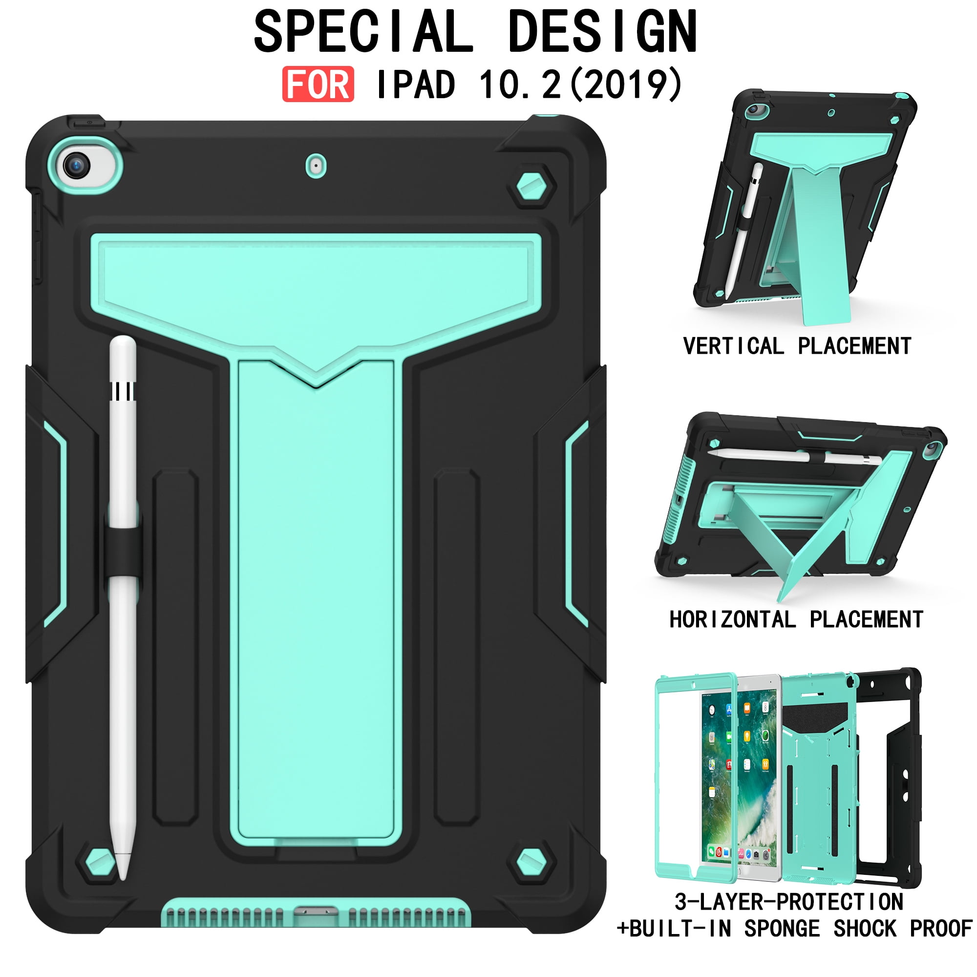 Allytech iPad 7th Generation Cases, iPad 10.2" 2019 Case Heavy Duty Hybrid PC + Silicone Drop Protection Rugged Case with Pencil Holder Built-in Kickstand for Apple iPad 10.2 inch, Black/Aqua