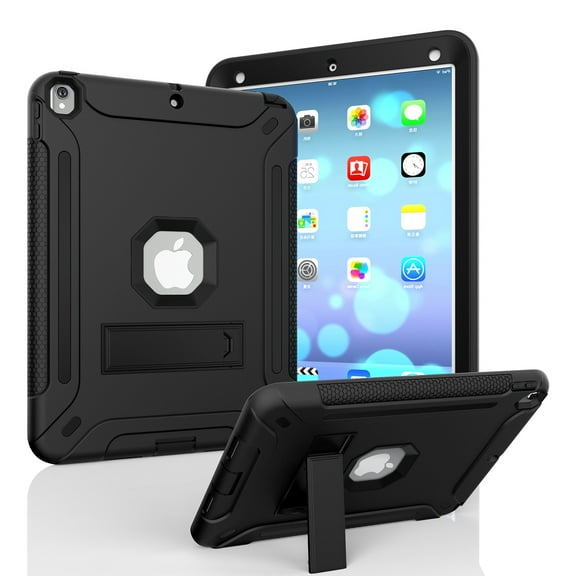 Allytech iPad 9.7 2018/2017 Case Shockproof, Hybird Rubber PC Hard Back Cover with Kickstand Drop Protection Bumper Anti-Scratch Kids Case for Apple iPad 9.7 6th 5th Generation, Black