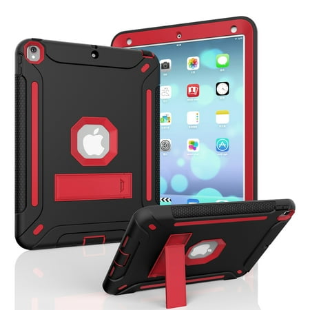 Allytech iPad 9.7 2018/2017 Case Shockproof, Hybird Rubber PC Hard Back Cover with Kickstand Drop Protection Bumper Anti-Scratch Kids Case for Apple iPad 9.7 6th 5th Generation, Black+Red