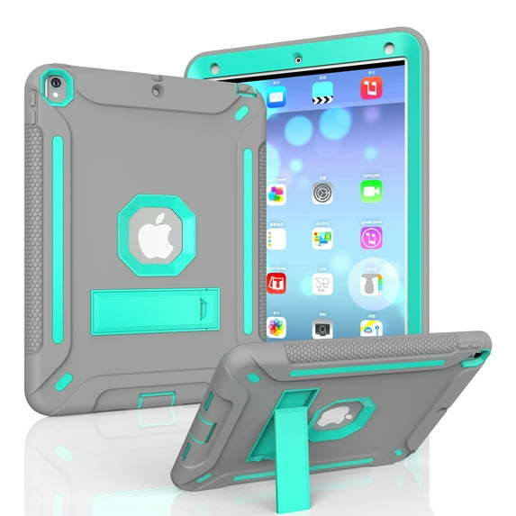 Allytech iPad 9.7 2018/2017 Case Shockproof, Hybird Rubber PC Hard Back Cover with Kickstand Drop Protection Bumper Anti-Scratch Kids Case for Apple iPad 9.7 6th 5th Generation, Gray+Skyblue