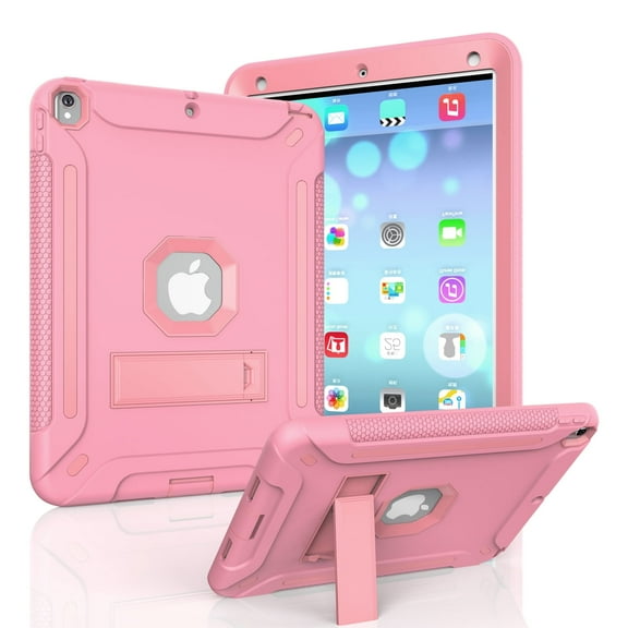 Allytech iPad 9.7 2018/2017 Case Shockproof, Hybird Rubber PC Hard Back Cover with Kickstand Drop Protection Bumper Anti-Scratch Kids Case for Apple iPad 9.7 6th 5th Generation, Rosegold