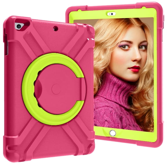 Allytech iPad 9.7 2018 2017/ iPad Air 1 2/ iPad Pro 9.7 Case,360 Rotating Kickstand Hand Wrist Multi Function Ring Grip Shockproof Rugged Cover for Apple iPad 6th 5th Gen, Pro 9.7/ Air 1 2,Rose/Green