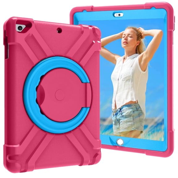 Allytech iPad 9.7 2018 2017/ iPad Air 1 2/ iPad Pro 9.7 Case, 360 Rotating Kickstand Hand Wrist Multi Function Ring Grip Shockproof Rugged Cover for Apple iPad 6th 5th Gen, Pro 9.7/ Air 1 2,Rose/Blue