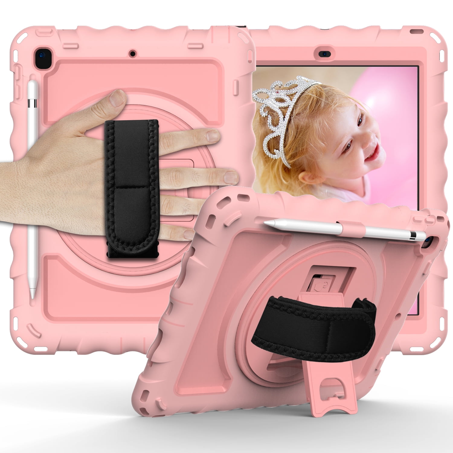 Allytech iPad 9.7 6th/5th Generation Case for Kids, Full Body Protection Case Pencil Holder [360 Rotating Hand Strap] Stand Shoulder Strap Shockproof Cover for Apple iPad 9.7 2018/2017, Rosegold