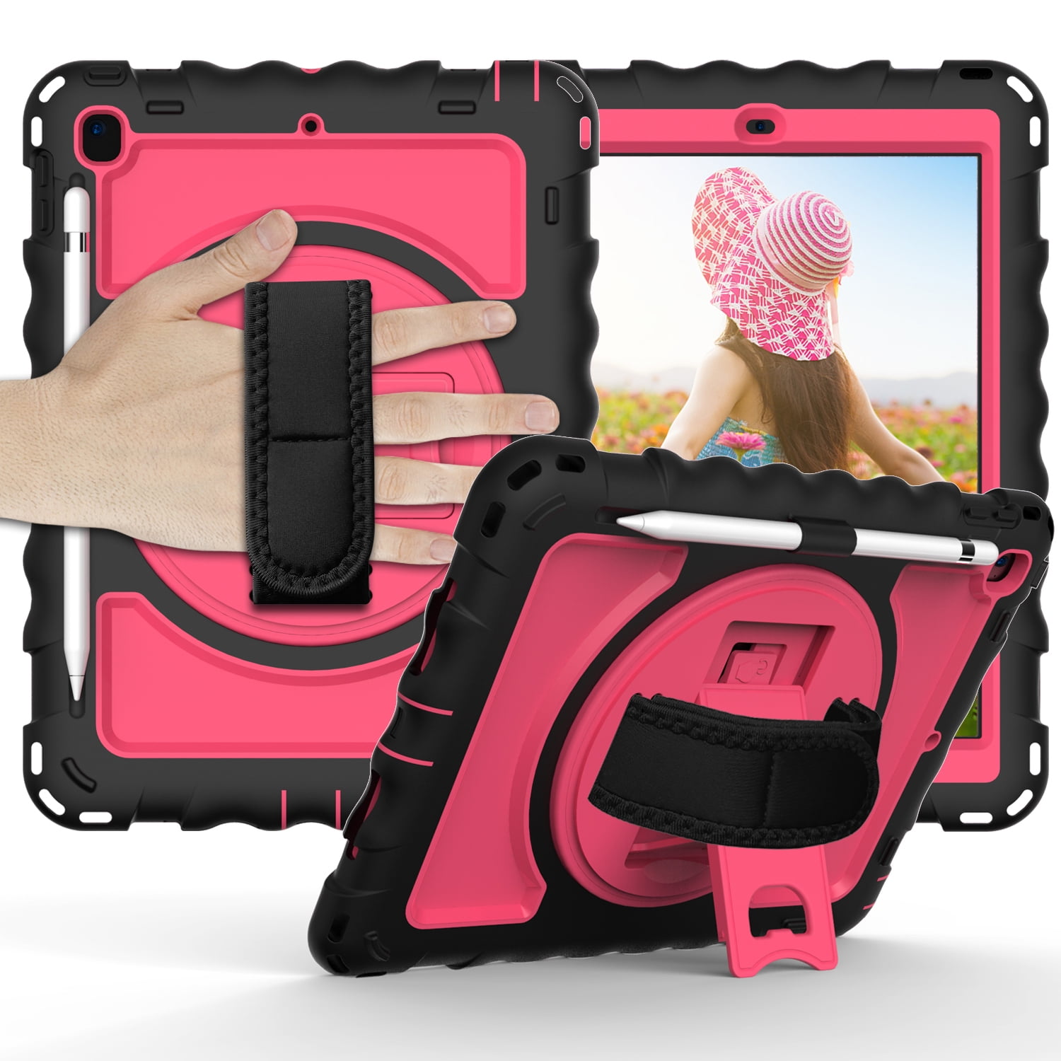 Allytech iPad 9.7 6th/5th Generation Case for Kids, Full Body Protection Case Pencil Holder [360 Rotating Hand Strap] Stand Shoulder Strap Shockproof Cover for Apple iPad 9.7 2018/2017, Black/Pink