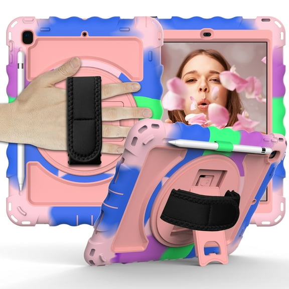 Allytech iPad 9.7 6th/5th Generation Case for Kids, Full Body Protection Pencil Holder [360 Rotating Hand Strap] Stand Shoulder Strap Shockproof Cover for Apple iPad 9.7 2018/2017, Colorful/Rosegold