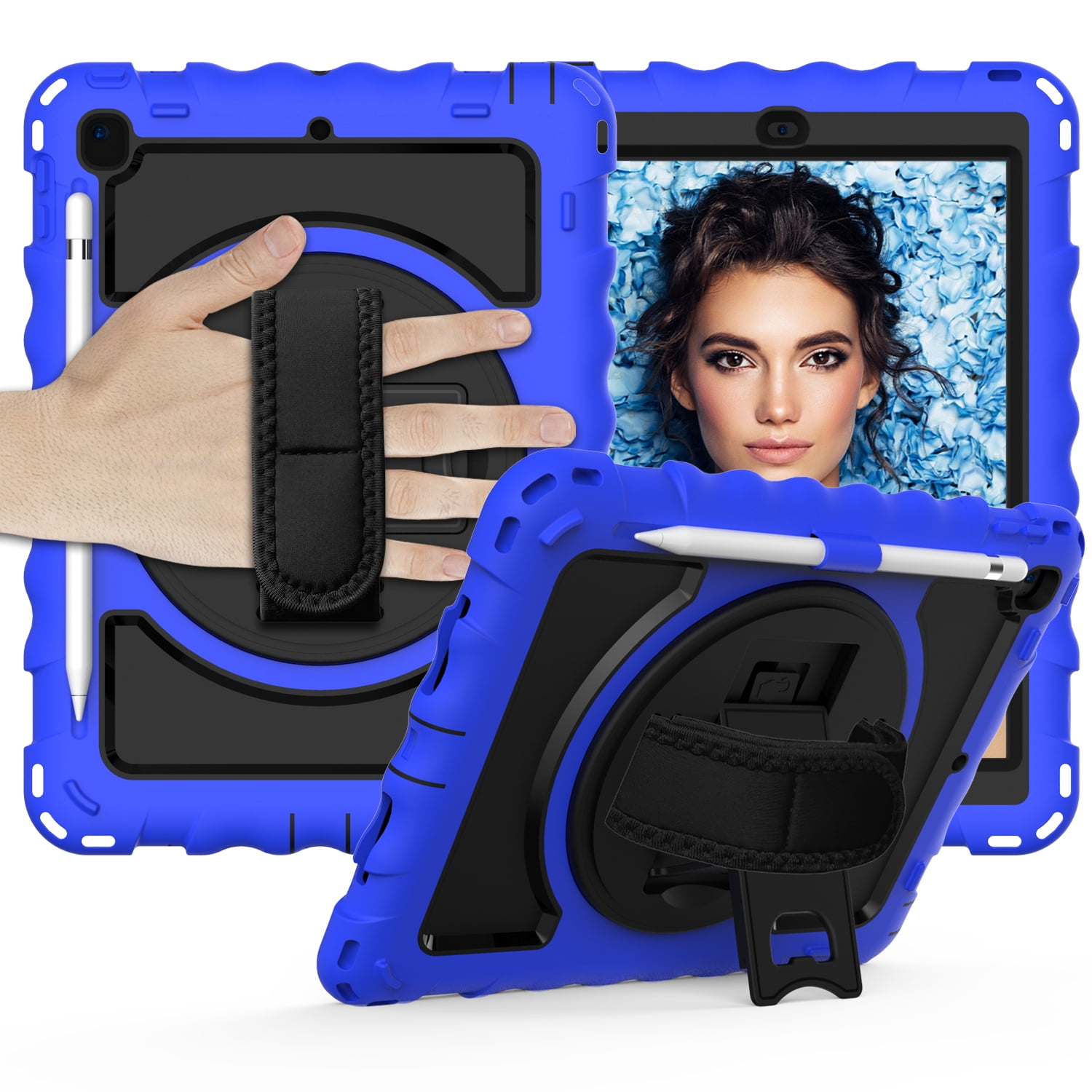 Allytech iPad 9.7 6th/5th Generation Case for Kids, Full Body Protection Case Pencil Holder [360 Rotating Hand Strap] Stand Shoulder Strap Shockproof Cover for Apple iPad 9.7 2018/2017, Blue/Black
