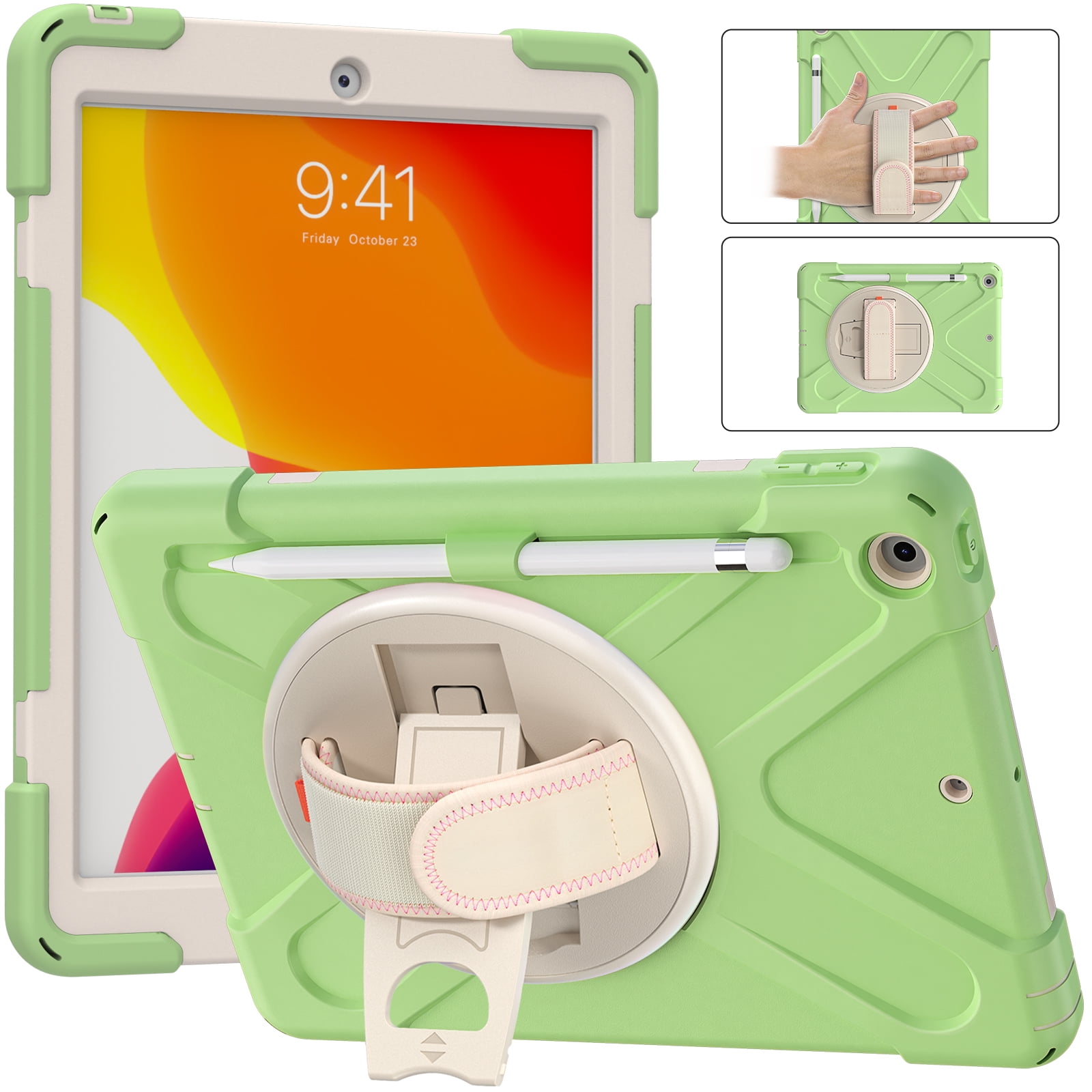 Allytech iPad 9.7 6th 5th Generation Case with Screen Protector, Heavy Duty Protection Rugged Kids Friendly Shockproof Kickstand Pencil Holder Case Cover for Apple iPad 9.7" 2018/2017,Matchagreen