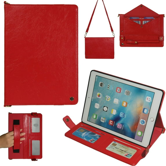 Allytech iPad 9.7 Case 2018/2017 6th 5th Gen, iPad Air 1 2 Case, iPad Pro 9.7 Case, Folio Stand Auto Sleep Wake Detachable Carrying Shoulder Strap Hand Strap Cards Pocket Wallet Case Cover,Red