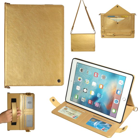 Allytech iPad 9.7 Case 2018/2017 6th 5th Gen, iPad Air 1 2 Case, iPad Pro 9.7 Case, Folio Stand Auto Sleep Wake Detachable Carrying Shoulder Strap Hand Strap Cards Pocket Wallet Case Cover,Gold