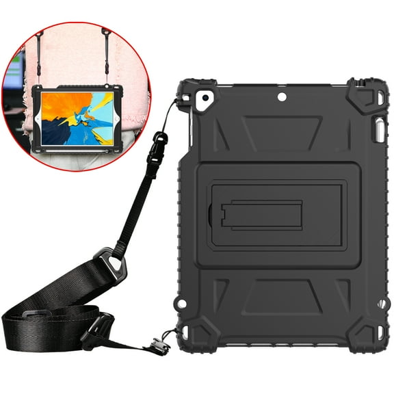 Allytech iPad 9.7 Case 2018/2017, iPad Air 1 2 Case, Silicone Shockproof Full Protective Case with Screen Protector Film Shoulder Strap Case Cover for Apple iPad 6th/5th Generation, Air 1 2,Black