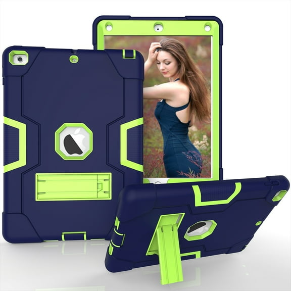 Allytech iPad Air 2 Case, iPad A1566/A1567 Kids Proof Case, Apple iPad Pro 9.7 Case, Three Layer Shockproof Rugged Armor Defender Protective Case Cover with Kickstand (NavyBlue/Olivine)
