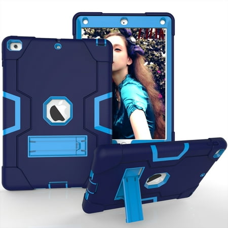 Allytech iPad Air 2 Case, iPad A1566/A1567 Kids Proof Case, Apple iPad Pro 9.7 Case, Three Layer Shockproof Rugged Armor Defender Protective Case Cover with Kickstand (NavyBlue/Rosegold)