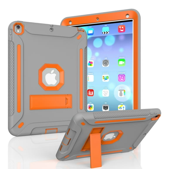 Allytech iPad Air 2 Case, Silicone Lightweight Dual Layer Full Protection Anti-Scratch Kickstand Toddler Kids Proof Bumper Defender Anti-Fingerprint Case Cover for Apple iPad Air 2, Gray+Orange