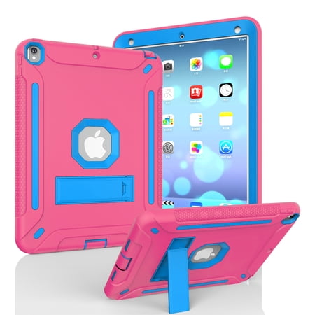Allytech iPad Air 2 Case, Silicone Lightweight Dual Layer Full Protection Anti-Scratch Kickstand Toddler Kids Proof Bumper Defender Anti-Fingerprint Case Cover for Apple iPad Air 2, Rose+Blue