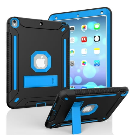 Allytech iPad Air 2 Case, Silicone Lightweight Dual Layer Full Protection Anti-Scratch Kickstand Toddler Kids Proof Bumper Defender Anti-Fingerprint Case Cover for Apple iPad Air 2, Black+Blue