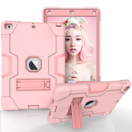 Allytech iPad Air 2 Case, iPad A1566/A1567 Kids Proof Case, Apple iPad Pro 9.7 Case, Three Layer Shockproof Rugged Armor Defender Protective Case Cover with Kickstand (Rosegold)