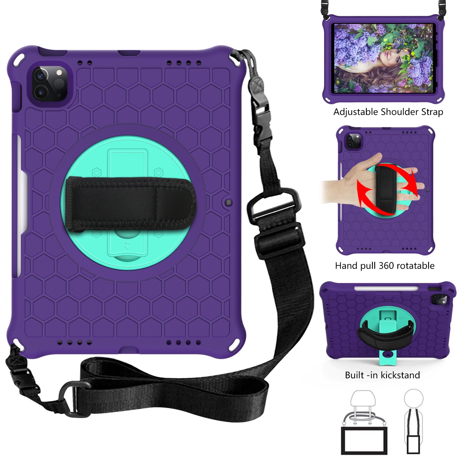Allytech iPad Air 4th Gen Case, iPad Pro 11 2021 Case, iPad Pro 11 Case 2020/2018, Drop Protection Shockproof Shoulder Strap Pencil Holder Kickstand Case Cover for Apple iPad Air 4 10.9,Purple/Green