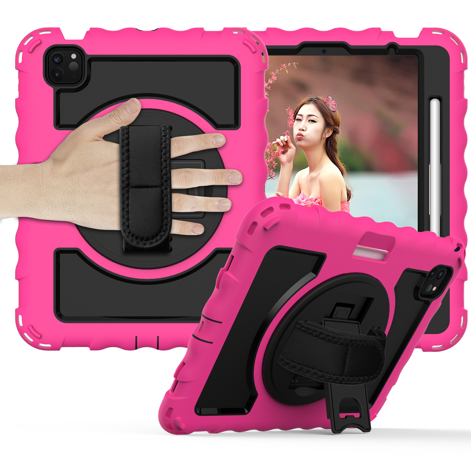 Allytech iPad Air 5 4 10.9 Case 2022/2020, Heavy Duty Shockproof Kids Case with Pencil Holder Hand Strap Kickstand Shoulder Strap for Apple iPad Air 5th 4th Generation 10.9 Inch -Rose