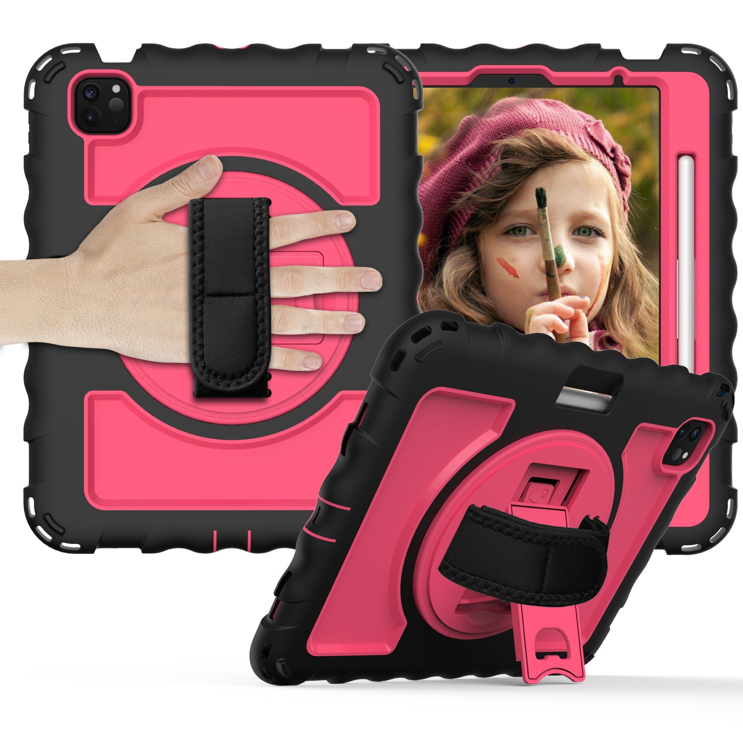Allytech iPad Air 5 4 10.9 Case 2022/2020, Heavy Duty Shockproof Kids Case with Pencil Holder Hand Strap Kickstand Shoulder Strap for Apple iPad Air 5th 4th Generation 10.9 Inch -Black/Rose