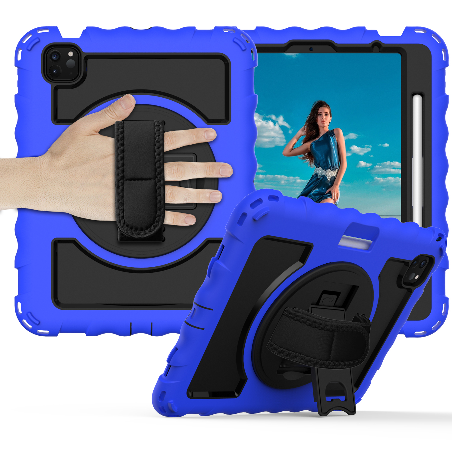 Allytech iPad Air 5 4 10.9 Case 2022/2020, Heavy Duty Shockproof Kids Case with Pencil Holder Hand Strap Kickstand Shoulder Strap for Apple iPad Air 5th 4th Generation 10.9 Inch -Blue
