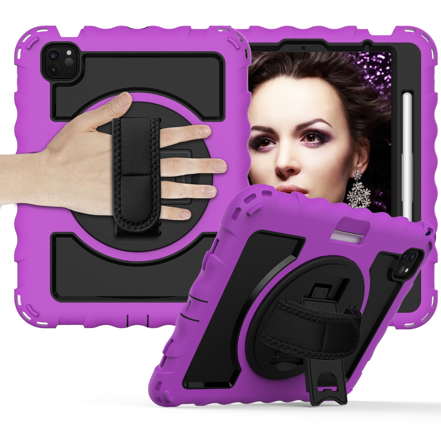 Allytech iPad Air 5 4 10.9 Case 2022/2020, Heavy Duty Shockproof Kids Case with Pencil Holder Hand Strap Kickstand Shoulder Strap for Apple iPad Air 5th 4th Generation 10.9 Inch -Purple