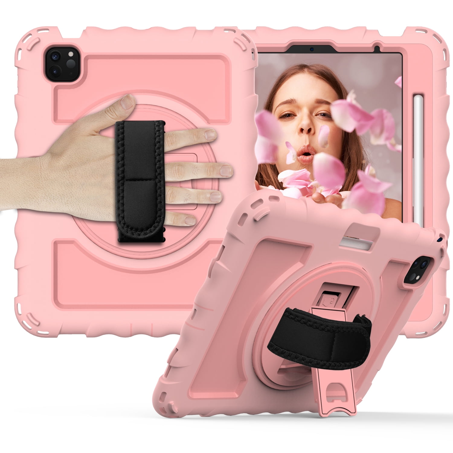 Allytech iPad Air 5 4 10.9 Case 2022/2020, Heavy Duty Shockproof Kids Case with Pencil Holder Hand Strap Kickstand Shoulder Strap for Apple iPad Air 5th 4th Generation 10.9 Inch -Rosegold